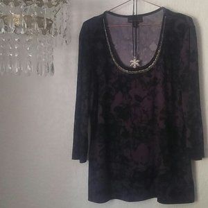 Dana Buchman Purple Black Beaded Collar 3/4 Sleeves Polyester Spandex Top